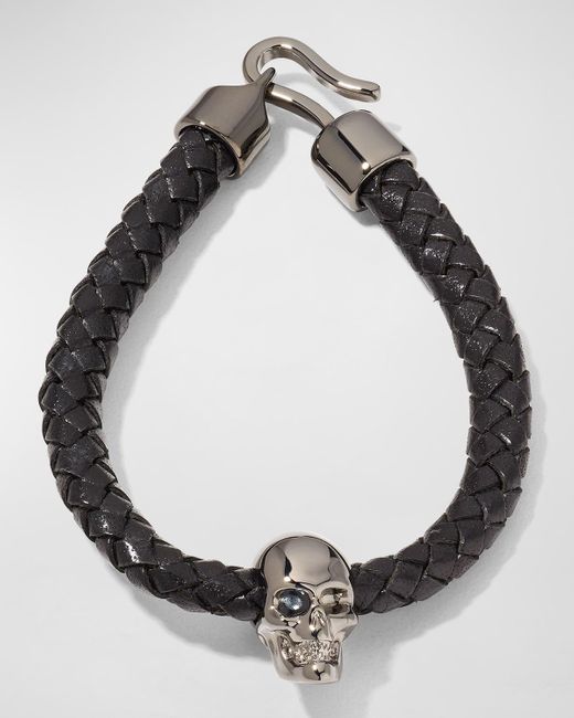 Alexander McQueen Metallic Braided Leather Skull Bracelet for men