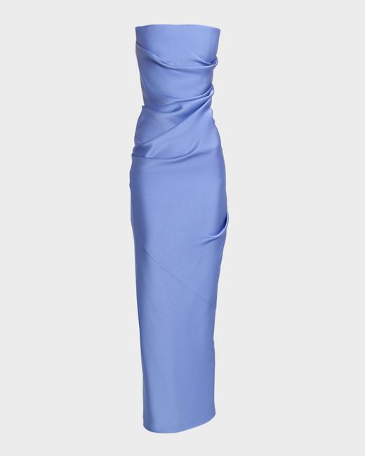 Alex Perry Blue Satin Crepe Strapless Draped Midi Dress