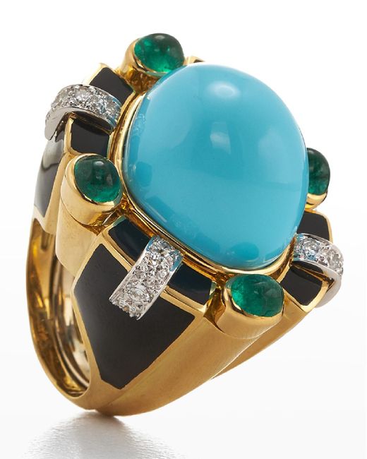 David Webb Blue Turquoise, Emerald And Diamond Ring, Size 6.5