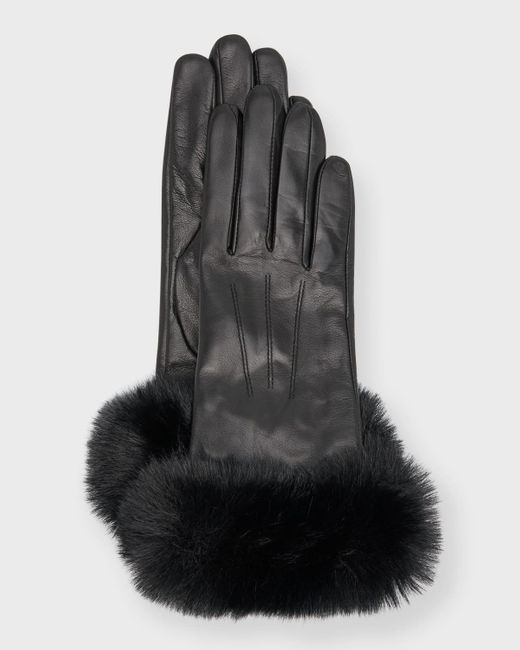Sofiacashmere Black Leather & Cashmere Gloves With Faux Fur Cuffs