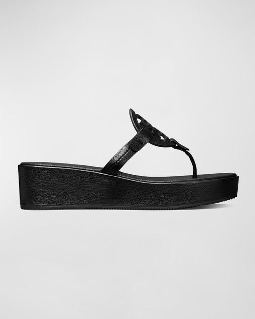 Tory Burch Black Miller Leather Logo Wedge Thong Sandals
