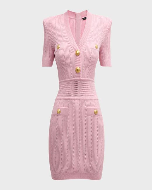 Balmain Pink V-Neck Short-Sleeve Strong-Shoulder Pointelle Knit Mini Dress