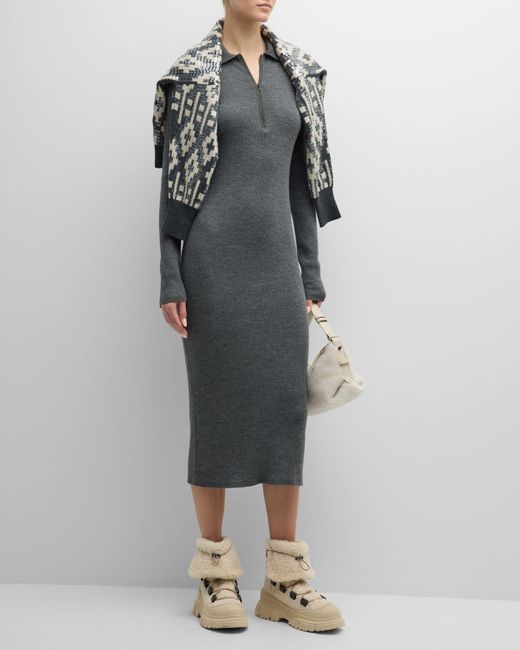 Brunello Cucinelli Gray English Ribbed Body-con Midi Cashmere Dress With Monili Zip Placket