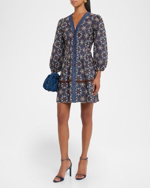 Shoshanna Lina Eyelet-Embroidered Chambray Mini Dress in Blue | Lyst