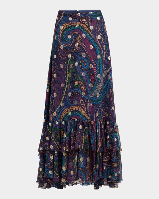 Etro Blue Emerald Paisley Ruffle Fil Maxi Skirt