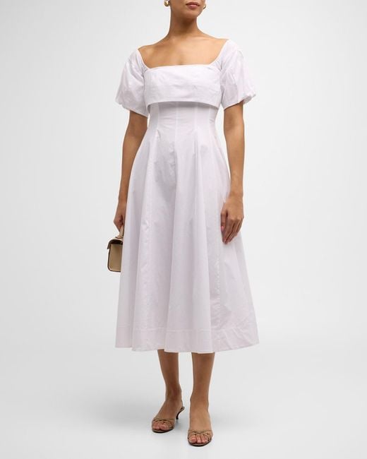 Staud White Palermo Puff-Sleeve Stretch Poplin Dress
