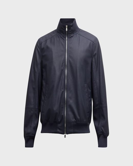 Brunello Cucinelli Blue Leather Full-Zip Bomber Jacket for men