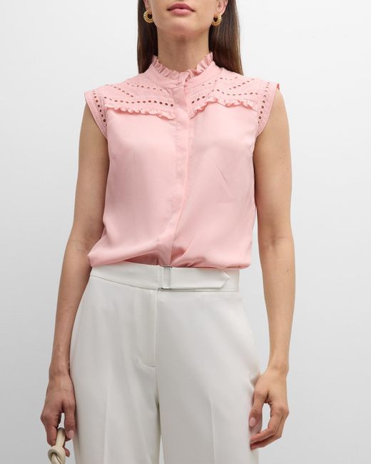 Tahari Pink The Terrin Eyelet-Embroidered Ruffle Blouse