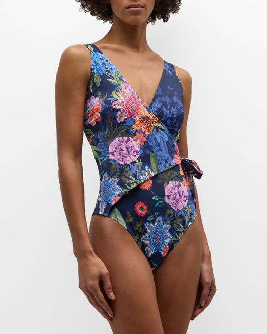 Johnny Was Blue Neon Jungle Wrap One-Piece Swimsuit