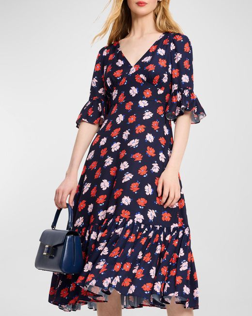 Kate Spade Blue Dotty Floral-Print Bell-Sleeve Midi Dress