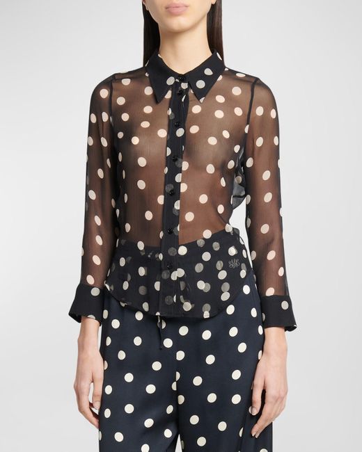 Stella McCartney Black Polka Dot-Print Slim Sheer Crinkle Silk Collared Shirt