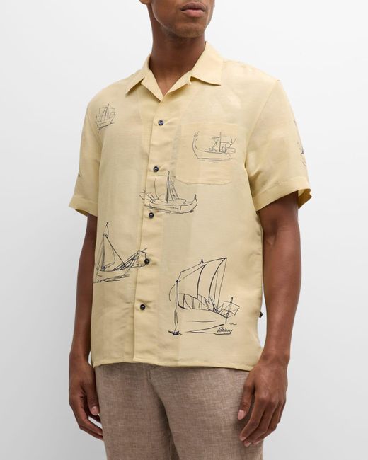 Brioni Natural Sail-print Cotton Camp Shirt for men