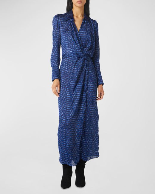 MISA Los Angles Blue Valentina Chiffon Long-sleeve Wrap-front Dress