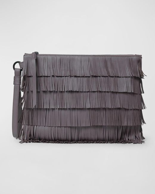 Callista Gray Fringe Pouchette Leather Clutch Bag