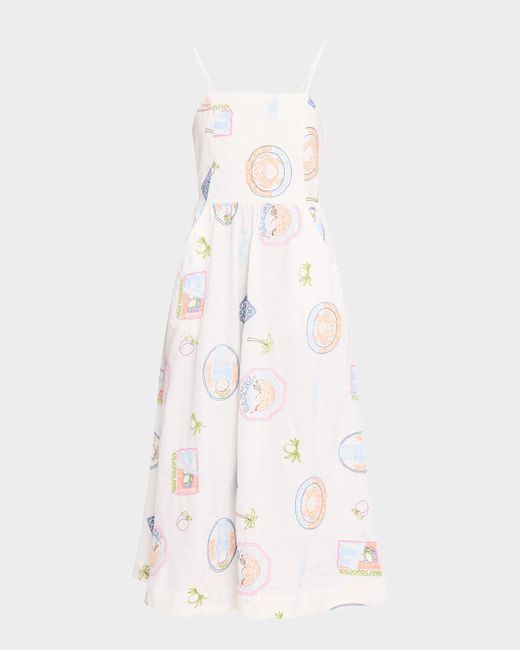 Damson Madder White Peaches Embroidered Apron Midi Dress