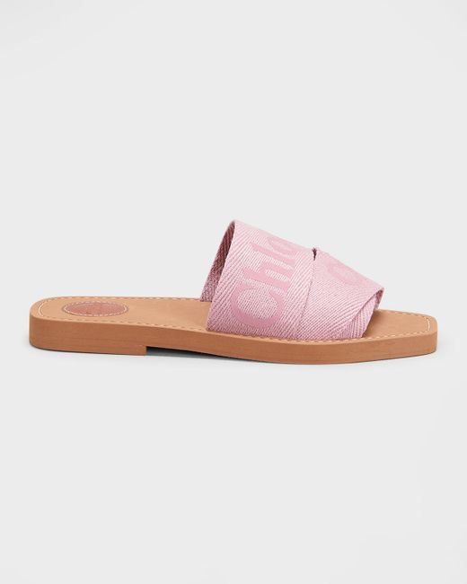 Chloé Pink Woody Flat Logo Ribbon Slide Sandals