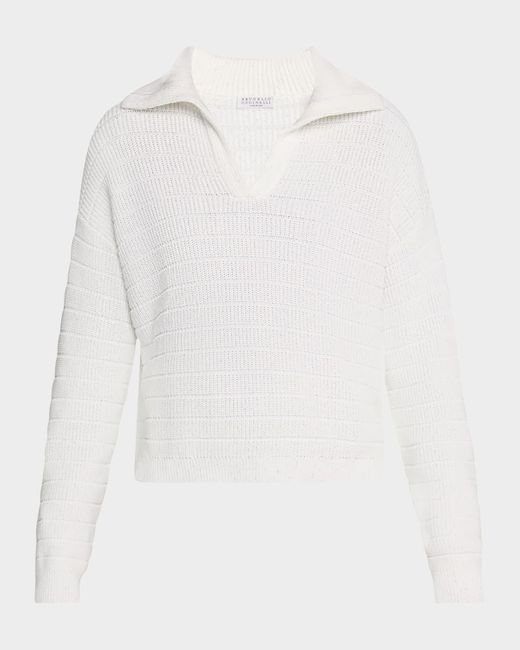 Brunello Cucinelli White Johnny Collar Cotton English Ribbed Sweater
