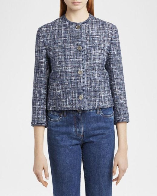 Etro Blue Single-Breasted Tweed Crop Jacket