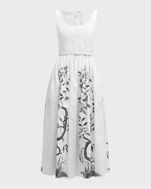 Adam Lippes White Scoop-Neck Flower Branch-Print Belted Poplin Midi Dress