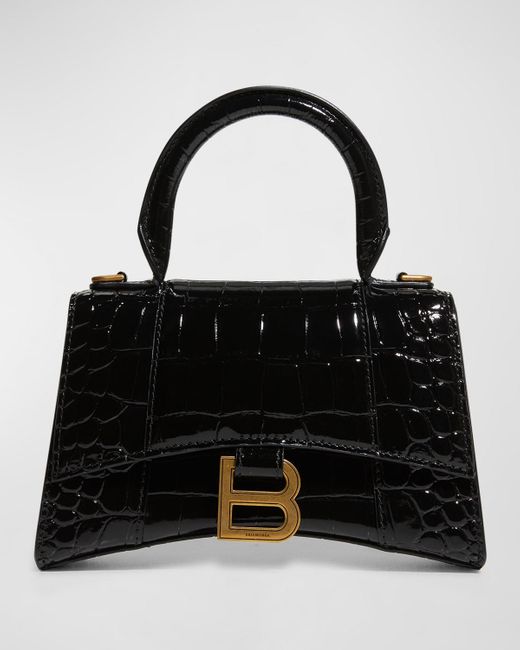 Balenciaga Black Hourglass Xs Crocodile-embossed Top-handle Bag