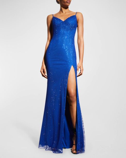 Jovani Blue Rhinestone Chain Mail Gown