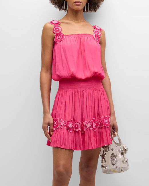 Ramy Brook Pink Effie Floral Crochet Blouson Mini Dress