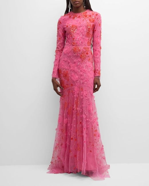 Monique Lhuillier Pink Embroidered Floral Evening Gown