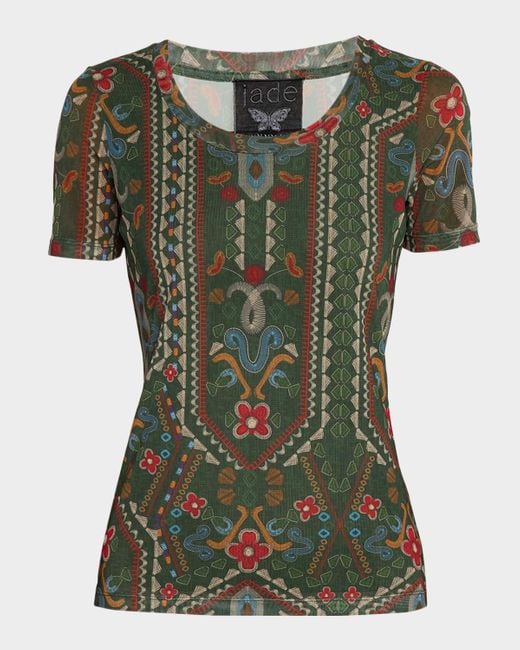 Johnny Was Green Nanette Short-Sleeve Mesh Tee