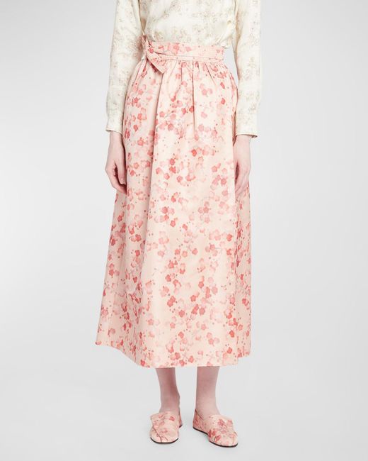 Loro Piana Pink Leah Blooms-print Belted Silk Crepe De Chine Midi Skirt