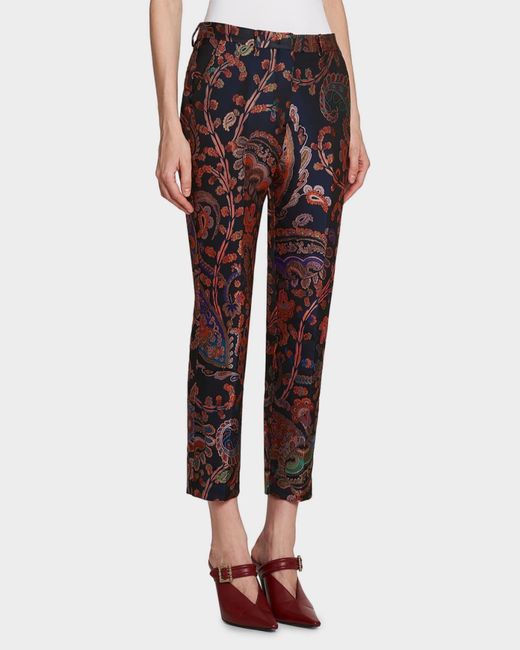 Etro Red Paisley Silk Brocade Slim-Fit Pants