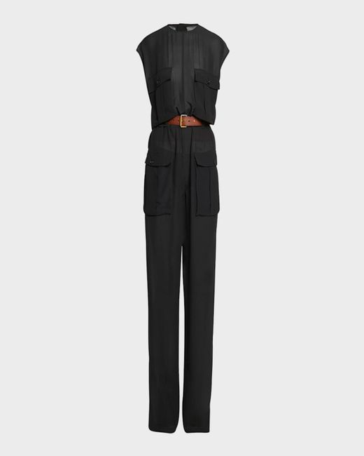 Saint Laurent Black Combinaison Sleeveless Belted Silk Chiffon Utility Jumpsuit