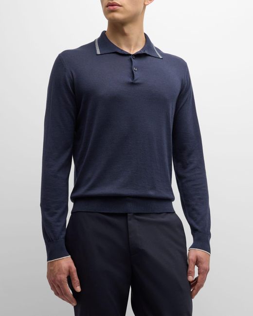 FIORONI CASHMERE Blue Cotton-Cashmere Long-Sleeve Polo Shirt for men
