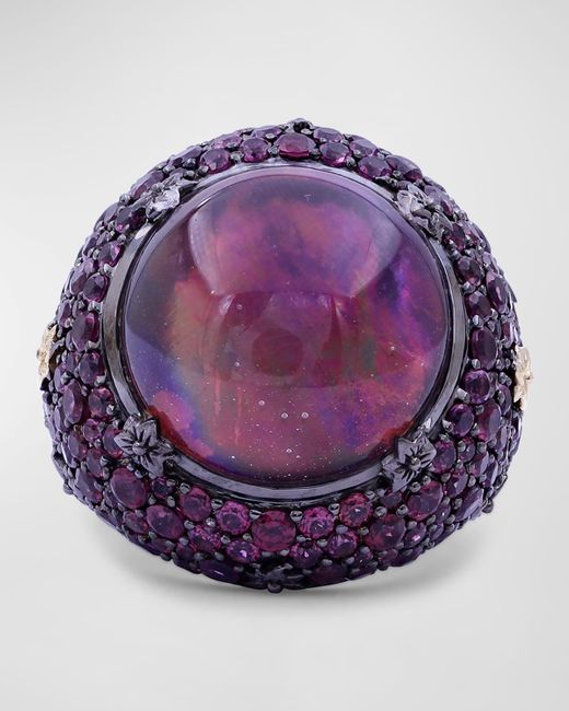 Stephen Dweck Purple Garnet And Quartz Ring In Blackened Sterling Silver With 18k Gold Flowers, Size 7