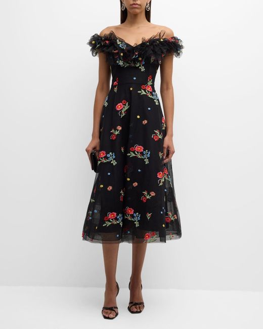 Teri Jon Black Floral-Embroidered Off-Shoulder Midi Dress