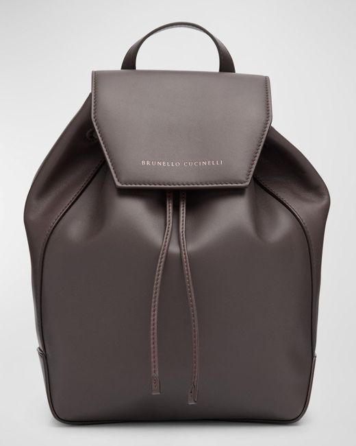 Brunello Cucinelli Gray Flap Calfskin Leather Backpack