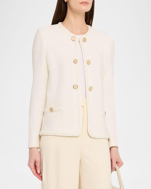 Misook Natural Relaxed Braid-Trim Tweed Jacket