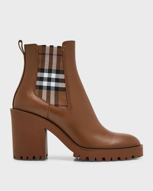 Burberry Brown Allostock Leather Check Heeled Chelsea Booties