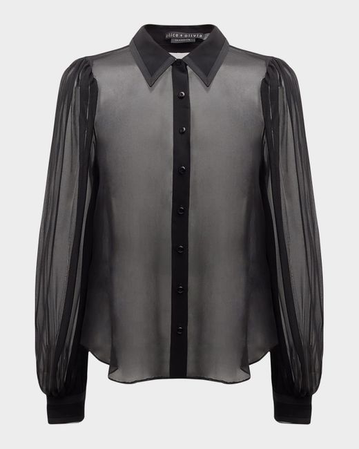 Alice + Olivia Black Roanne Sheer Blouson-Sleeve Button-Front Shirt
