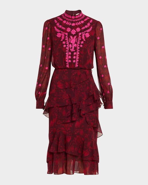 Saloni Women's Red Isa Mock-Neck Floral-Print Silk Midi Dress