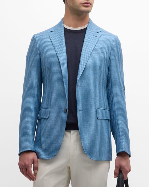 Zegna Blue Houndstooth Cashmere-Linen Sport Coat for men