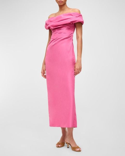Staud Pink Andrea Ruched Off-Shoulder Midi Sheath Dress