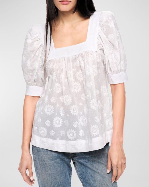 Smythe White Floral Embroidered Cropped Square-Neck Blouse