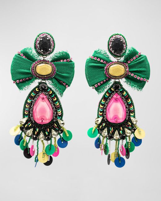 Ranjana Khan Green Multicolor Silk Bow And Crystal Earrings With Sequins