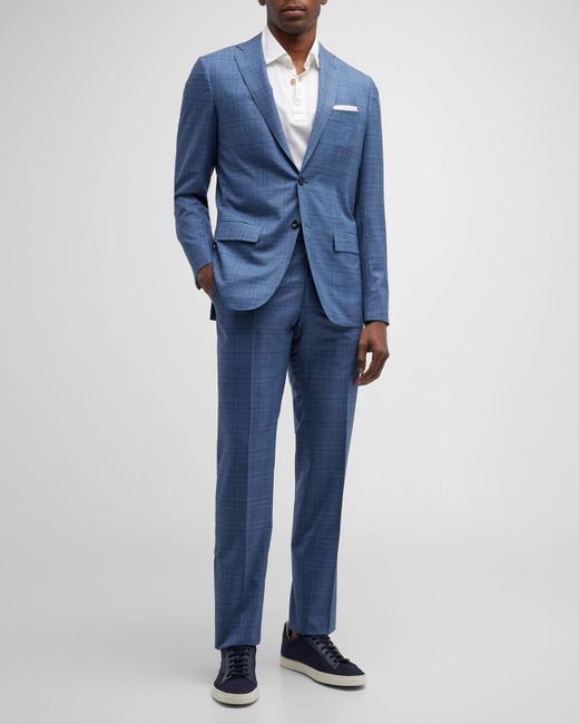 Kiton Blue Plaid Wool Suit for men