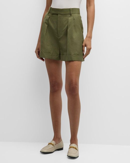 FRAME Green Pleated Wide-Cuff Shorts