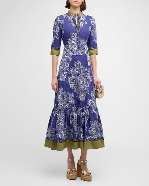 Etro Blue Bandana-print 3/4 Sleeve Midi Dress
