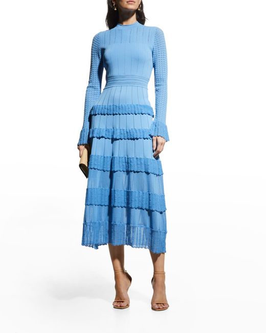 Lela Rose Blue Pointelle Knit Tiered-ruffle Midi Dress