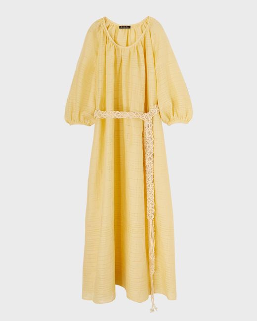 Loro Piana Yellow Abito Medea Needle Linen Belted Maxi Dress