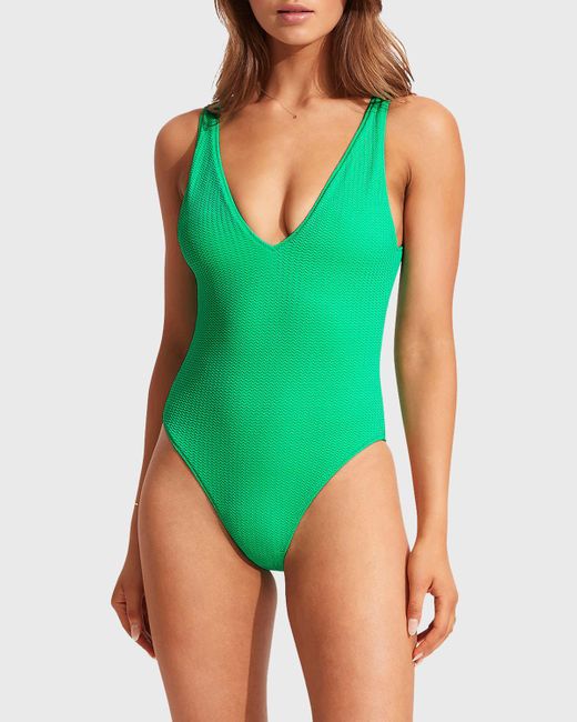 Seafolly Green Deep V-Neck One-Piece Swimsuit