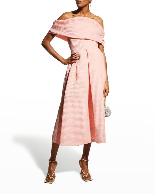 Lela Rose Pink Foldover Off-the-shoulder Full Skirt Dress